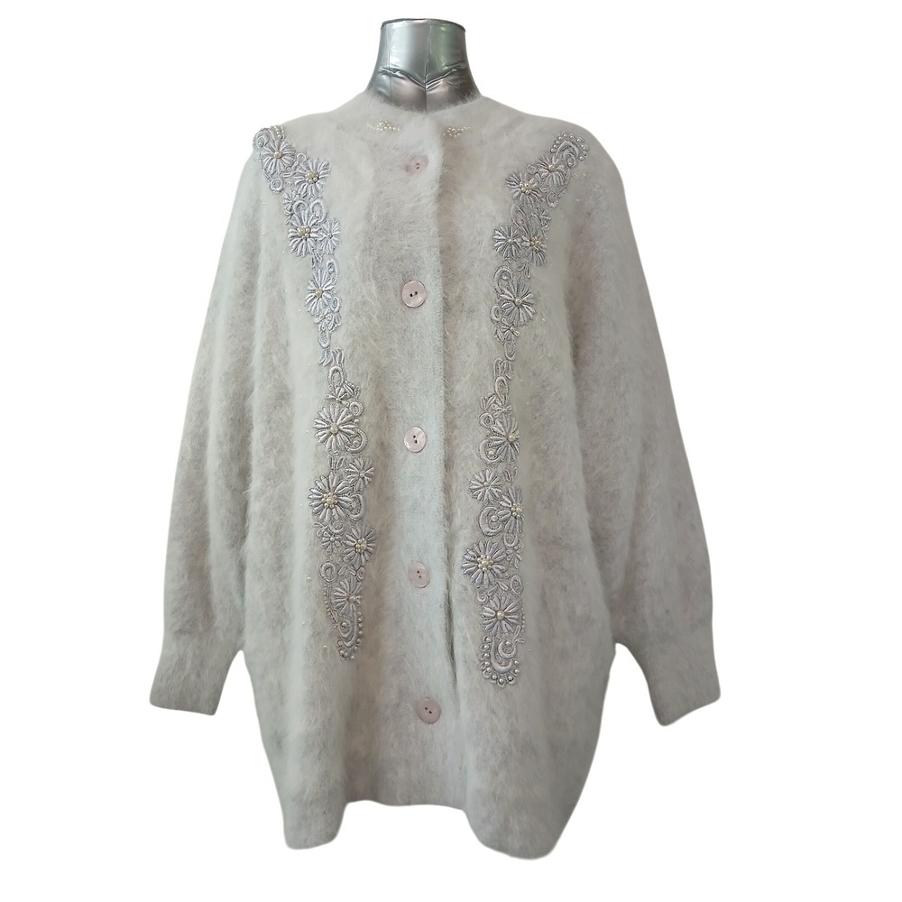 Vintage Lee Sands Angora Blend Cardigan Coat Gray Floral Pearl Lined OS Plus